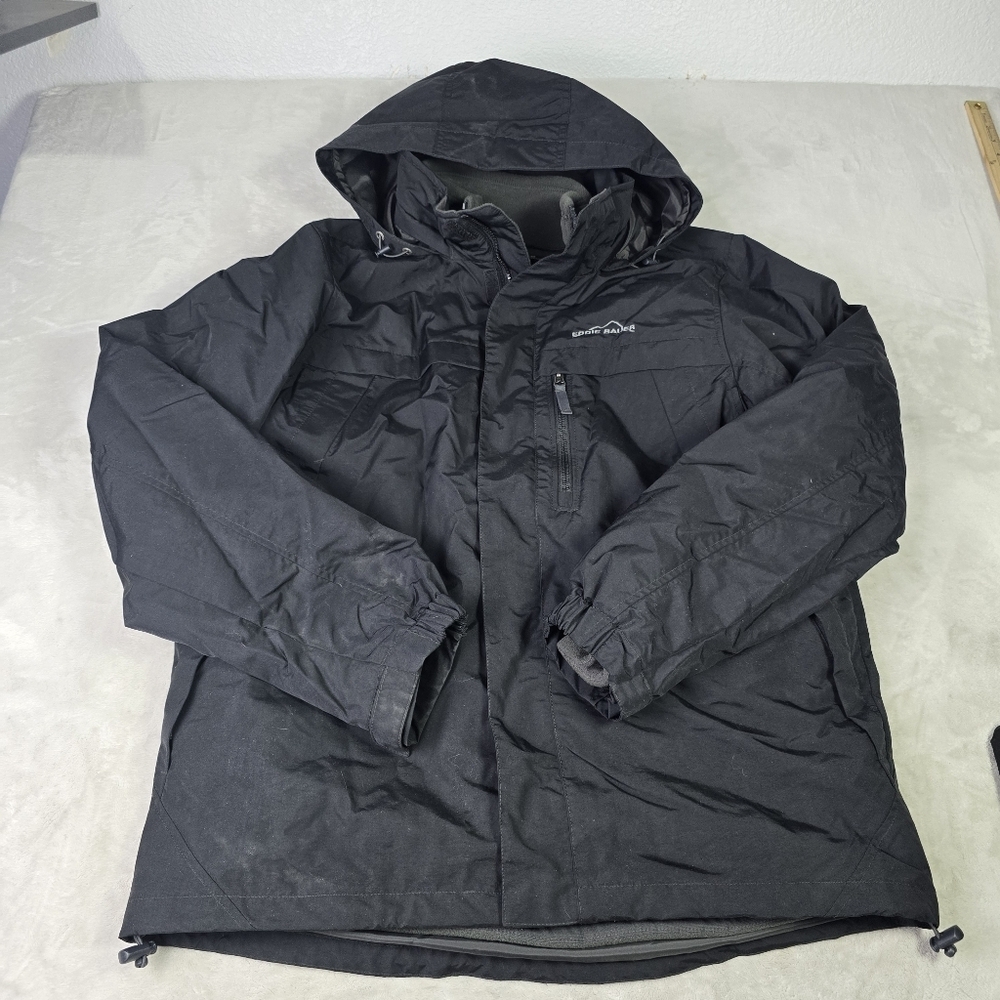 Eddie Bauer Removeable Fleece Lined Rain Jacket Sz Lg Black Removeable Hood